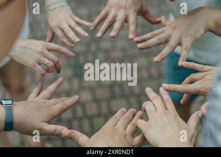 hands circle, business people or teamwork by sky background for support, solidarity or goal. High quality photo Stock Photo