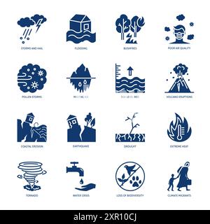 Climate change impact icon set. Global warming consequences. Vector illustration. Stock Vector