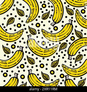 yellow banana with black outline style hand drawn vector illustration seamless pattern background Stock Vector