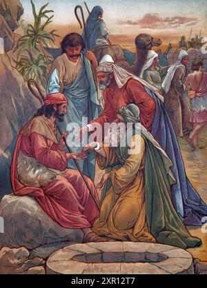 Illustration Joseph being Sold By his Brethren to the Ishmeelites (Genesis) from Antique 19th Century  Book God is Love Bible Pictures and Stories for Stock Photo