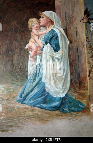 Illustration of Virgin Mary holding Baby Jesus on front cover of an Antique 19th Century  Book God is Love Bible Pictures and Stories for the Young by Stock Photo