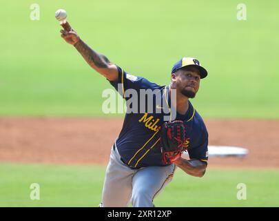 Atlanta, United States. 08th Aug, 2024. Milwaukee Brewers pitcher Frankie Montas throws a pitch in the first inning during the game against the Atlanta Braves at Truist Park on Thursday, August 8, 2024 in Atlanta, Georgia. Photo by Mike Zarrilli/UPI Credit: UPI/Alamy Live News Stock Photo