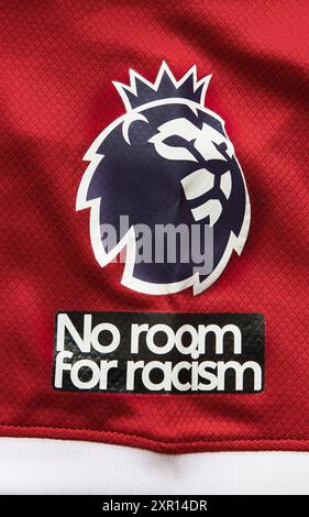 Germany, Uhingen - April 28, 2024: No room for racism on a red LFC Premier League jersey. Stock Photo