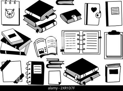 Books doodles. Notebooks, magazines, closed and open, stacks folded literature and reminder sheets, notes. Vector illustration. Isolated hand drawing Stock Vector