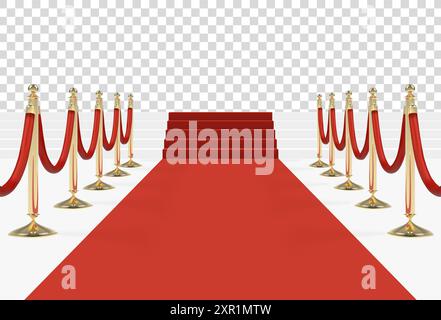 Red carpet on stairs with red ropes on golden stanchions Stock Vector