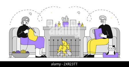 Elderly couple by fireplace. Old man and woman sitting in comfortable chairs. Grandfather and grandmother spend time together. Linear vector Stock Vector
