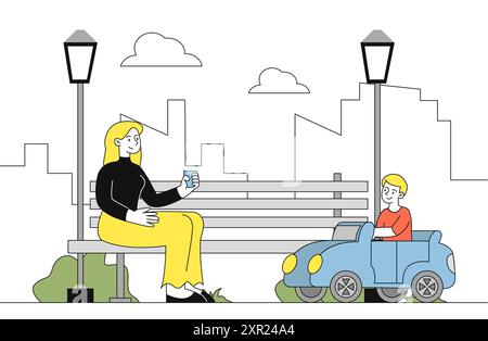 Boy rides car. Mother sits on bench and looks at her son on childrens transport. Fun and entertainment outdoors. Driver child in par. Linear vector Stock Vector