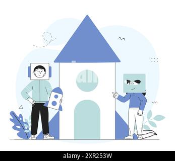 Children play astronauts. Boy and girl near cardboard rocket. Imagination and fantasy. Happy friends playing astronauts. Kids near spaceship. Linear Stock Vector