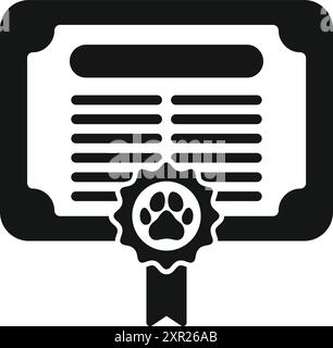 Black and white icon of a dog training school certificate with ribbon and paw print Stock Vector