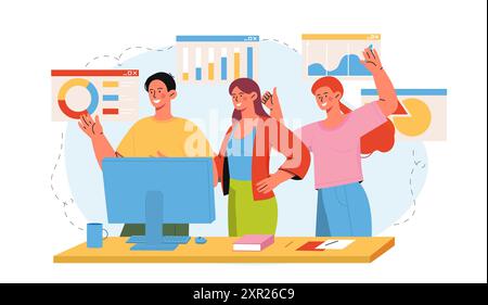 Business team with good results. Men and women rejoice near graphs and diagrams. Collaboration and cooperation, teamwork. Successful partners and Stock Vector