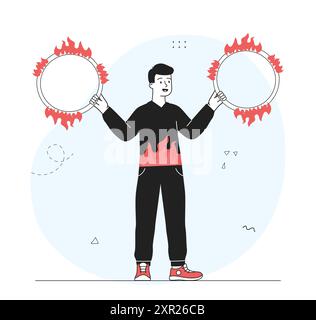 Juggler with fire rings. Man juggles with burning rings. Circus performance and show. Performer with equipment at carnival. Linear vector illustration Stock Vector