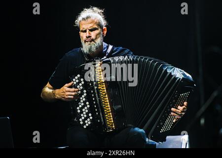 Brno, Czech Republic. 08th Aug, 2024. French accordionist Vincent Peirani performs with Jokers project at the Marathon Music Brno festival in Brno, Czech Republic, August 8, 2024. Credit: Patrik Uhlir/CTK Photo/Alamy Live News Stock Photo