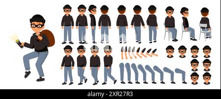 Robber man constructor. Happy guy in black mask with money. Pack of legs, hands and faces for creating animation. Crime and stealing. Flat vector Stock Vector