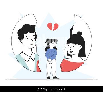 Girl with divorced parents. Sad child stands next to torn photography of her parents. Childhood trauma from conflicts between mother and father Stock Vector