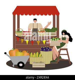 Harvest festival people at farm market selling fresh organic produce and vegetables in flat vector illustration. Stock Vector