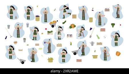 Harvest people vector illustration set in flat style. Man and woman in various harvesting poses with different fruits, vegetables, baskets, and crates Stock Vector