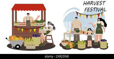 Vector illustration in flat style on white background farmers selling their produce at market and family celebrating harvest festival. For seasonal Stock Vector