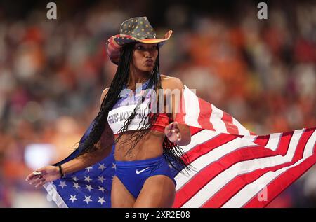 USA's Tara Davis-Woodhall celebrates winning the Women's Long Jump Final at the Stade de France on the thirteenth day of the 2024 Paris Olympic Games in France. Picture date: Thursday August 8, 2024. Stock Photo