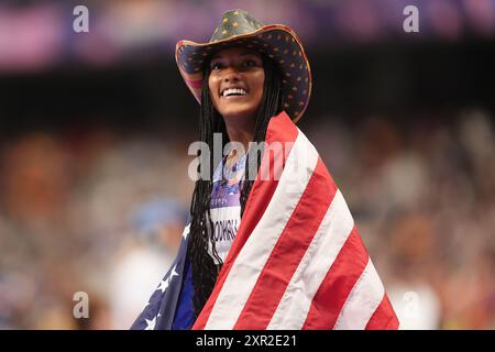 USA's Tara Davis-Woodhall celebrates winning the Women's Long Jump Final at the Stade de France on the thirteenth day of the 2024 Paris Olympic Games in France. Picture date: Thursday August 8, 2024. Stock Photo