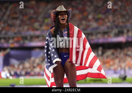 USA's Tara Davis-Woodhall celebrates winning the Women's Long Jump Final at the Stade de France on the thirteenth day of the 2024 Paris Olympic Games in France. Picture date: Thursday August 8, 2024. Stock Photo