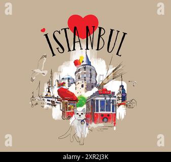 I love Istanbul concept hand-drawn colored vector illustration. Stock Vector