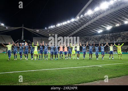 Athens, Netherlands. 08th Aug, 2024. ATHENS, NETHERLANDS - AUGUST 8: players of AFC Ajax celebrate the win during the Europa League Qualifier Third Round - 1st leg match between Panathinaikos FC and AFC Ajax at Olympic Stadium Spyridon Louis on August 8, 2024 in Athens, Netherlands. (Photo by /Orange Pictures) Credit: Orange Pics BV/Alamy Live News Stock Photo