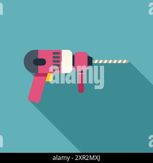 Pink electric drill illustration casting long shadow on turquoise background Stock Vector