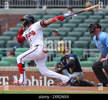 Atlanta, United States. 08th Aug, 2024. Atlanta Braves Orlando Arcia singles during the game against the Milwaukee Brewers at Truist Park on Thursday, August 8, 2024 in Atlanta, Georgia. Photo by Mike Zarrilli/UPI Credit: UPI/Alamy Live News Stock Photo