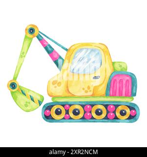 Excavator truck in cartoon style with yellow and green colors. Building site vehicle watercolor clipart suitable for construction-themed illustrations, children's rooms, or educational content Stock Photo