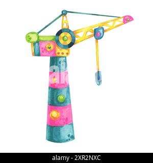 Tower Crane in yellow, green and pink colors. Building site equipment vehicle. Watercolor clipart, perfect for construction-themed designs, children's clothes, or preschool educational content. Stock Photo