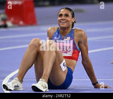 United States' Sydney McLaughlin-Levrone, celebrates next to the
