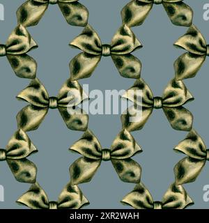 Green bows on a grey background are made with watercolors as a seamless pattern. Illustration as a template for gift wrapping, wrapping paper, textile Stock Photo