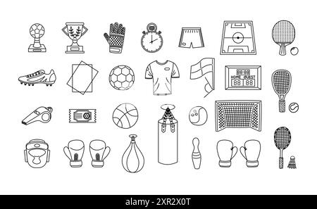 Set of black and white line icons representing different sport disciplines, from soccer to tennis, boxing, badminton, bowling Stock Vector