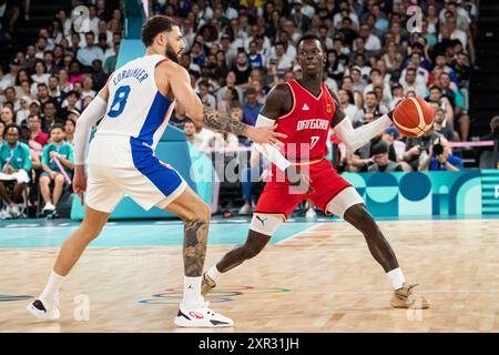 Dennis Schroder ( 17 - Germany) and Isaia Cordinier ( 8 - France), Basketball, Men&#39;s Semifinal during the Olympic Games Paris 2024 on 8 August 2024 at Bercy Arena in Paris, France Stock Photo