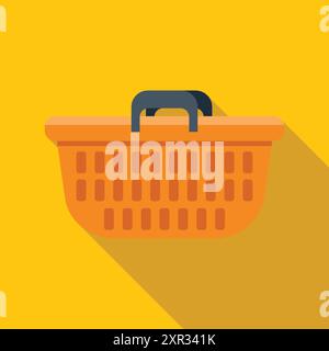 Empty orange plastic shopping basket with black handles casting long shadow on yellow background Stock Vector
