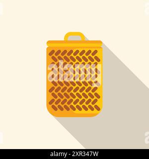 Simple flat illustration of a yellow empty wicker laundry basket, with a long shadow on a light background Stock Vector