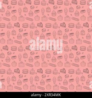 Seamless repeating pattern of different types of sweets in doodle style. Stock Vector