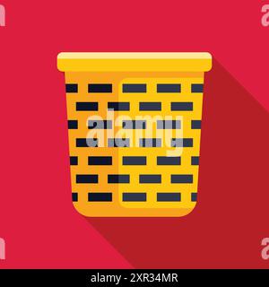 Yellow empty wicker laundry basket is standing on red background with long shadow Stock Vector