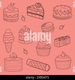 Illustration of different types of sweets in doodle style Stock Vector