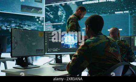 Programming engineer soldier handles AI brain and deep learning data on ...