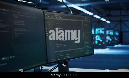 Computers in data center used for monitoring security threats threatening hardware rackmounts. Close up of PCs used by futuristic server hub workplace admins protect infrastructure assets Stock Photo