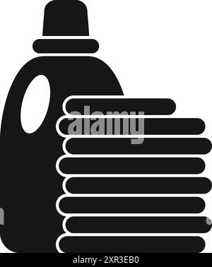Black and white icon of laundry products standing next to a pile of clean laundry Stock Vector