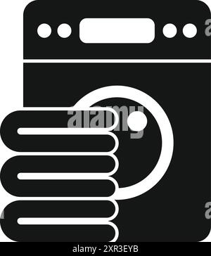 Black and white icon of a washing machine with a stack of clean towels, perfect for representing laundry services Stock Vector