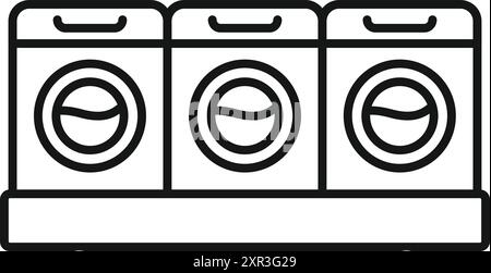 Line drawing of a row of washing machines side by side representing a laundromat or laundry room Stock Vector