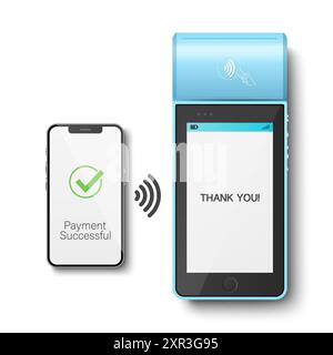 Vector 3D Realistic NFC Payment Terminal and Smartphone. Successful Payment, Successful Transaction. Payment Machine with Approved Status. Design Stock Vector