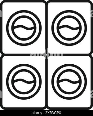 Simple black and white icon of a laundromat with four washing machines showing water level Stock Vector