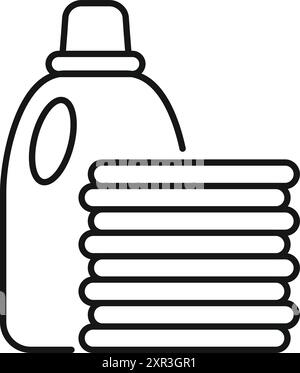 Line drawing of laundry detergent standing next to a stack of clean clothes, perfect for websites and mobile apps Stock Vector