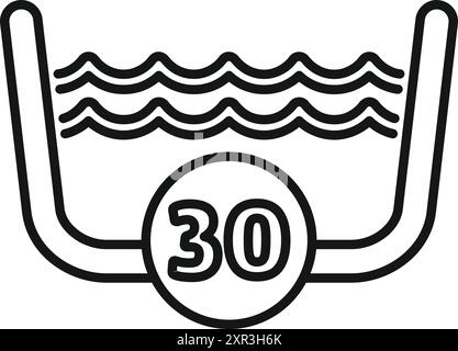 Simple black and white icon of water with waves and a temperature of 30 degrees Stock Vector