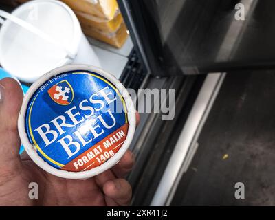 Picture of a bresse bleu cheese for sale in a belgrade supermarket. Bleu de bresse is a blue cheese that was first made in the Bresse area of France f Stock Photo