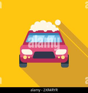 Pink car getting a wash with soap suds on its roof at a car wash, simple icon illustration Stock Vector